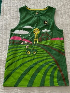 John Deere Sleeveless Tractor Farm Tank Top Cotton Green Girls Size 10